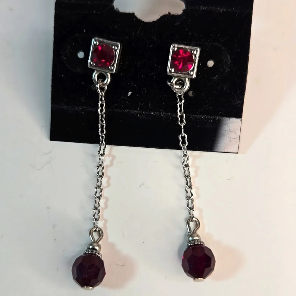 NWOT Artisan Silver and Red Crystal Dangle Drop Earrings Dainty Lightweight